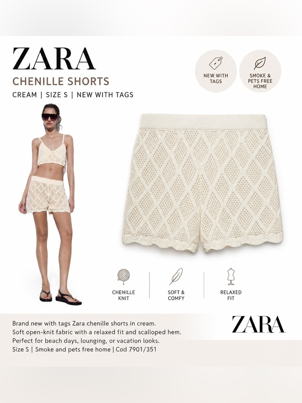 Zara Cream Chenille Crochet Knit Shorts Size S NWT Open Knit Scalloped Hem Beach - Picture 1 of 10